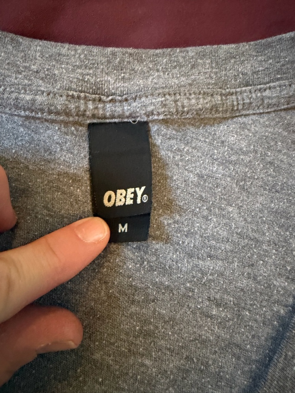 Obey Gray V‑Neck Tee with Teal and Coral Graphic - Picture 3 of 5